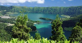 Scenic view of a lake surrounded by lush green hills and forest.