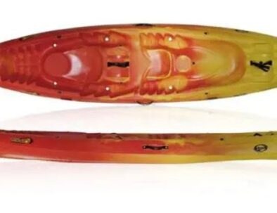 Red and yellow kayak shown from top and side views.