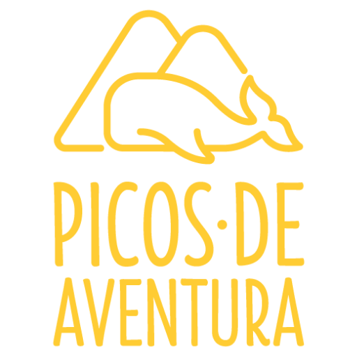 Yellow logo with mountains and whale, text: PICOS DE AVENTURA