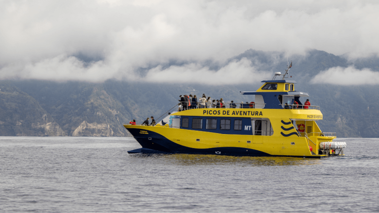 Yellow tour boat on a lake with mountains and clouds in the background.