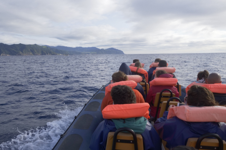 People in life jackets on a boat approaching a coastline.