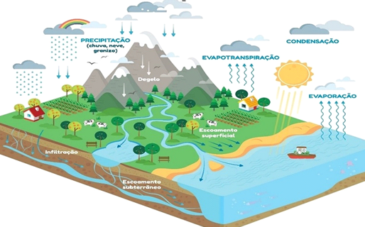 Diagram of the water cycle with precipitation, evaporation, and water flow in a landscape.