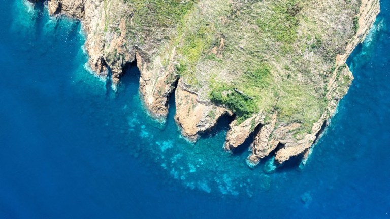 Aerial view of rocky coastline with clear blue water and green vegetation.