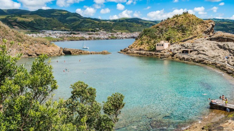Scenic coastal bay with clear water, greenery, and distant town view.