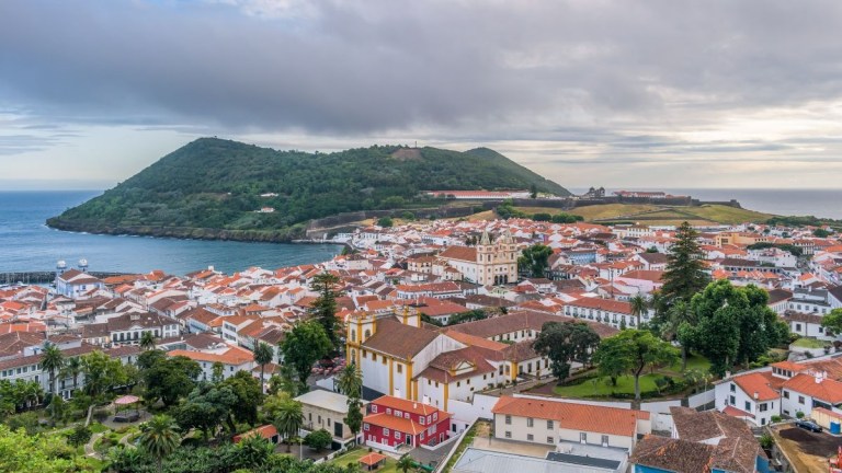 Scenic view of a coastal town with red-roofed buildings and a lush green hill.