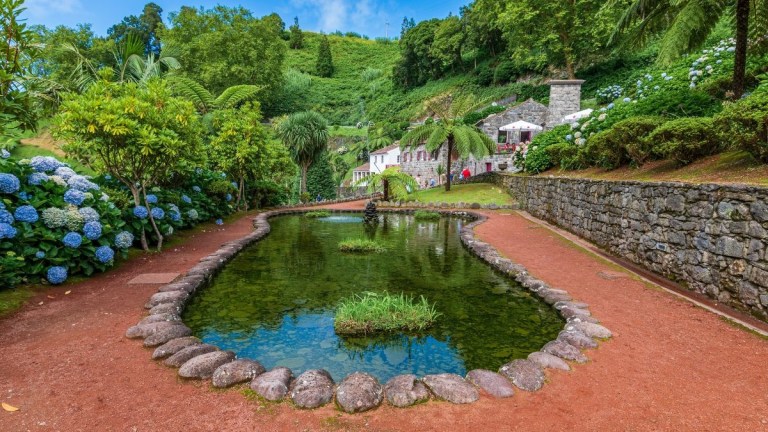 Lush garden pond with stone border, surrounded by greenery and hydrangeas, red pathway and hillside in the background.