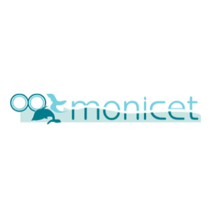 Monicet logo with stylized bird and dolphin silhouettes.