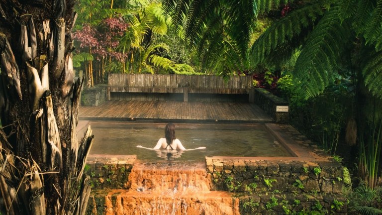 Person in a natural hot spring surrounded by lush greenery.