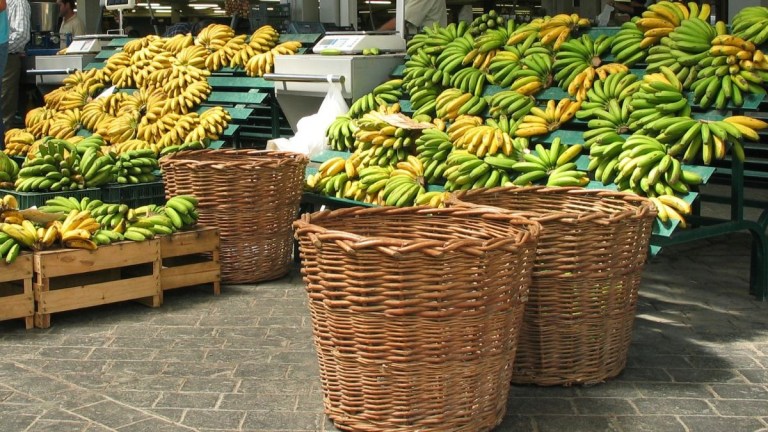 Three wicker baskets in front of a display of green and yellow bananas.