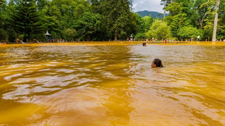 People swimming in a murky brown natural pool surrounded by lush greenery.
