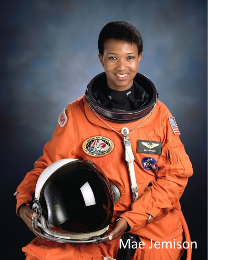 Astronaut in an orange suit holding a helmet.
