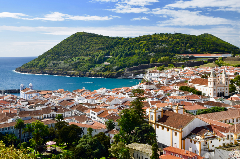 Aerial view of a coastal town with red-roofed buildings and green hills.