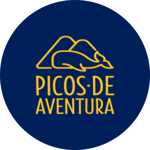 Logo with yellow mountains and 'Picos de Aventura' text on blue circle.
