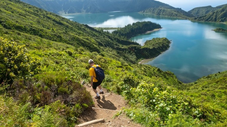 Hiker on a lush green trail overlooking a lake and mountains.