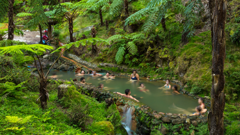 People relaxing in a natural hot spring surrounded by lush greenery.