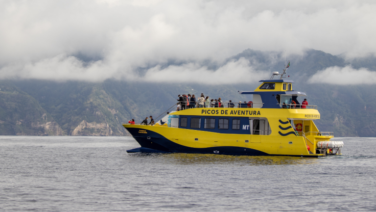 Yellow tour boat on a lake with mountains and clouds in the background.
