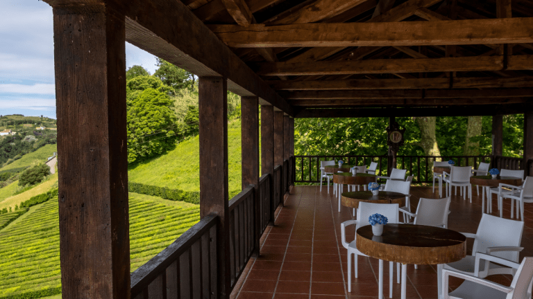 Wooden terrace with tables, chairs, overlooking lush green fields.