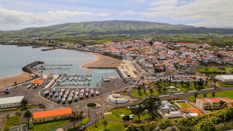 Coastal town with marina, red-roofed buildings, beach, and green hills in the background.