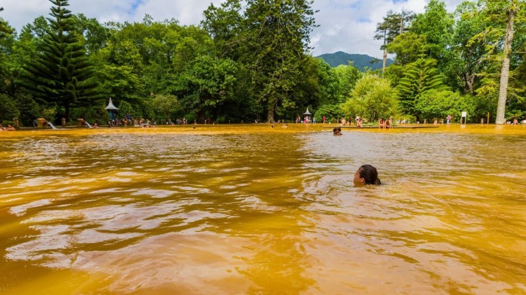 People swimming in a large yellowish-brown thermal pool surrounded by trees.