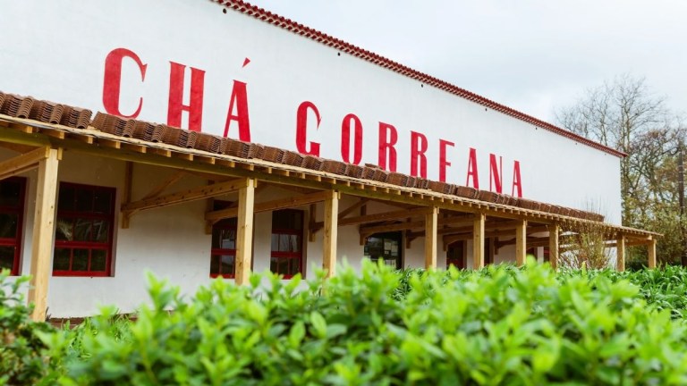 White building with red 'Chá Gorreana' text, surrounded by greenery.