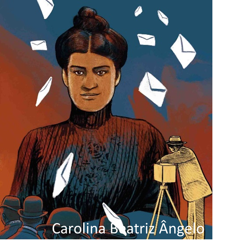 Illustration of a woman with envelopes floating, and a man taking a photo.
