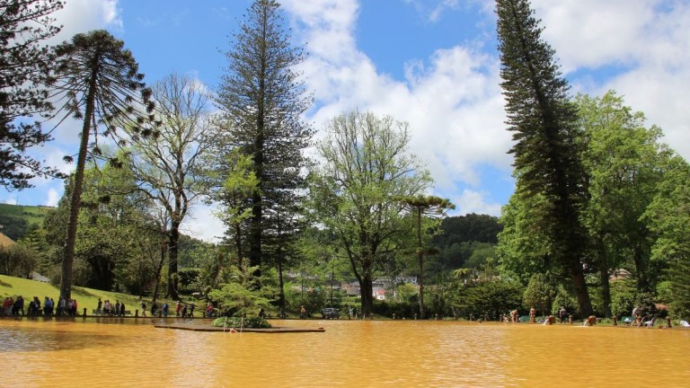 Orange-hued lake surrounded by tall trees and grassy areas under a blue sky with clouds.