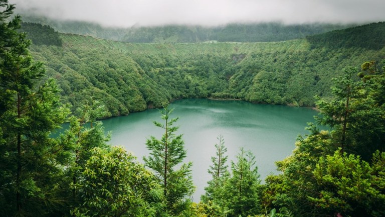 Misty forested crater lake surrounded by lush green trees.