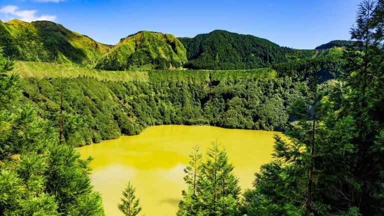 Vibrant green landscape with a yellow lake surrounded by lush trees and hills under a blue sky.