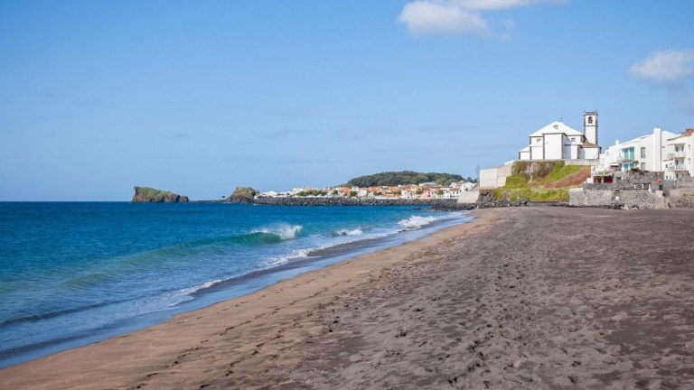 Coastal scene with a sandy beach, blue ocean, and a small town with white buildings on a hill.