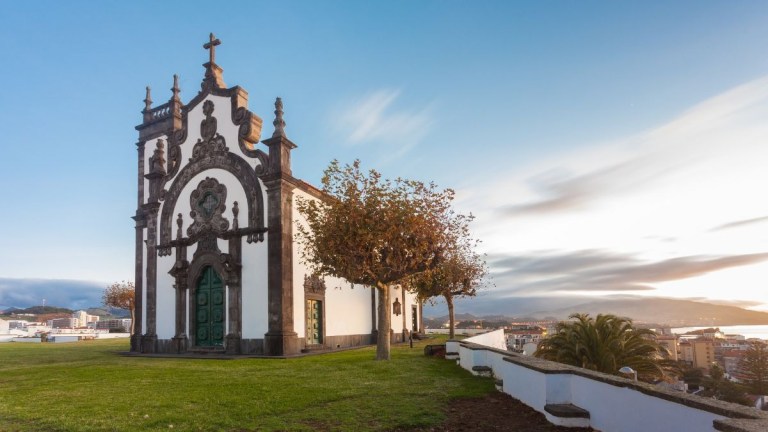 Historic church by a grassy area with trees and a city view in the background at sunset.