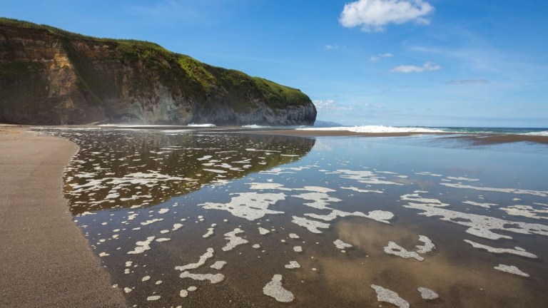 Coastal cliff and calm sea with gentle waves on a sandy beach.