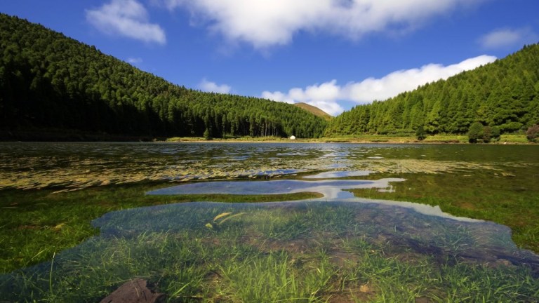 Lake surrounded by forested hills under a blue sky with clouds.