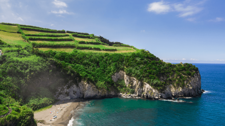 Terraced green cliffs overlooking a small sandy beach and blue ocean under a clear sky.