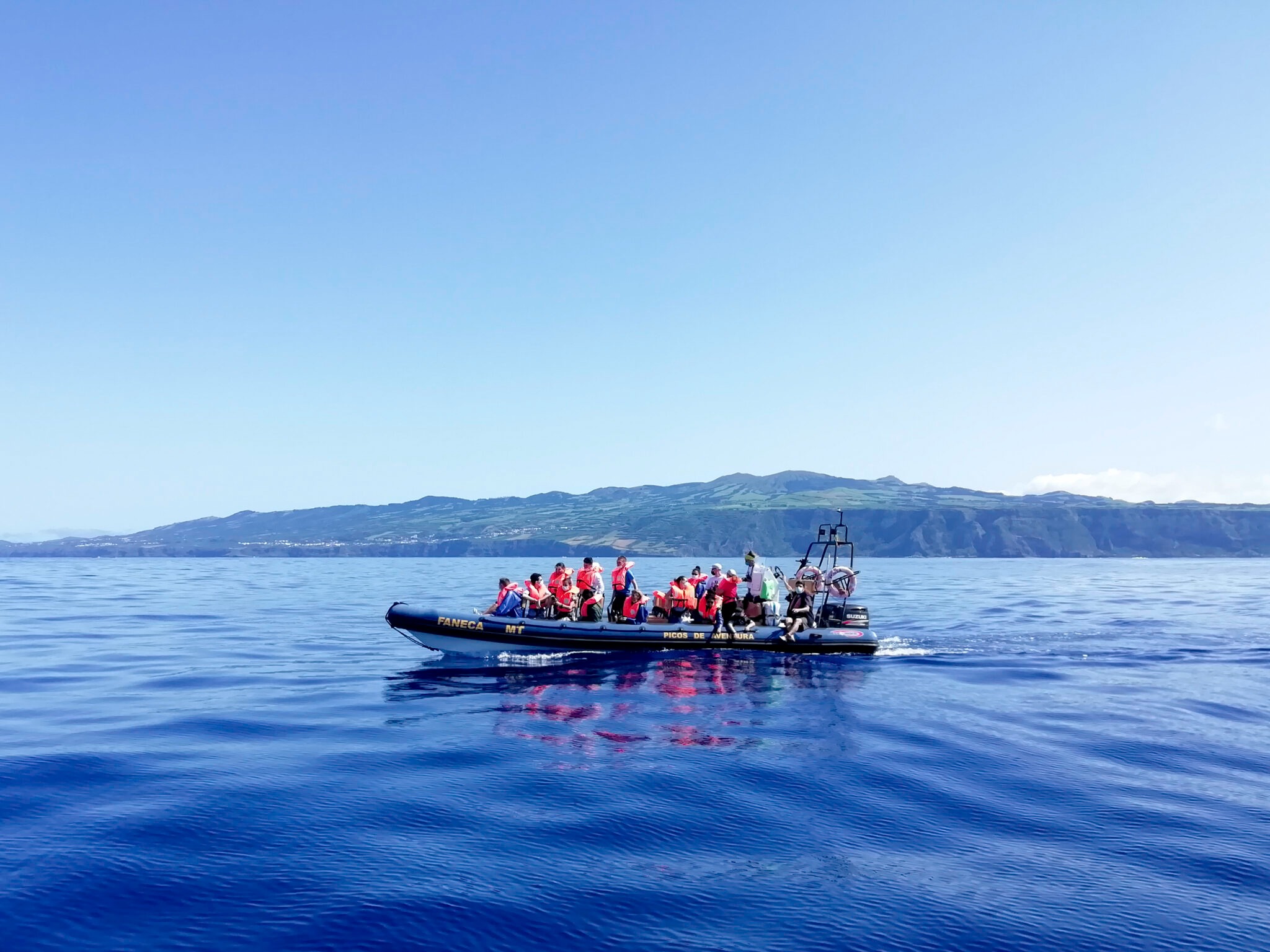 Boat with people in life vests on calm sea near hilly coastline.