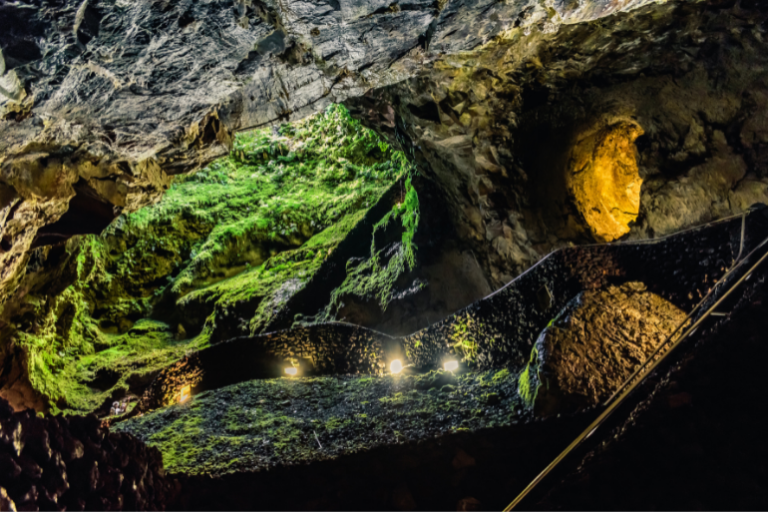 Lush underground cave with rock formations and green moss.