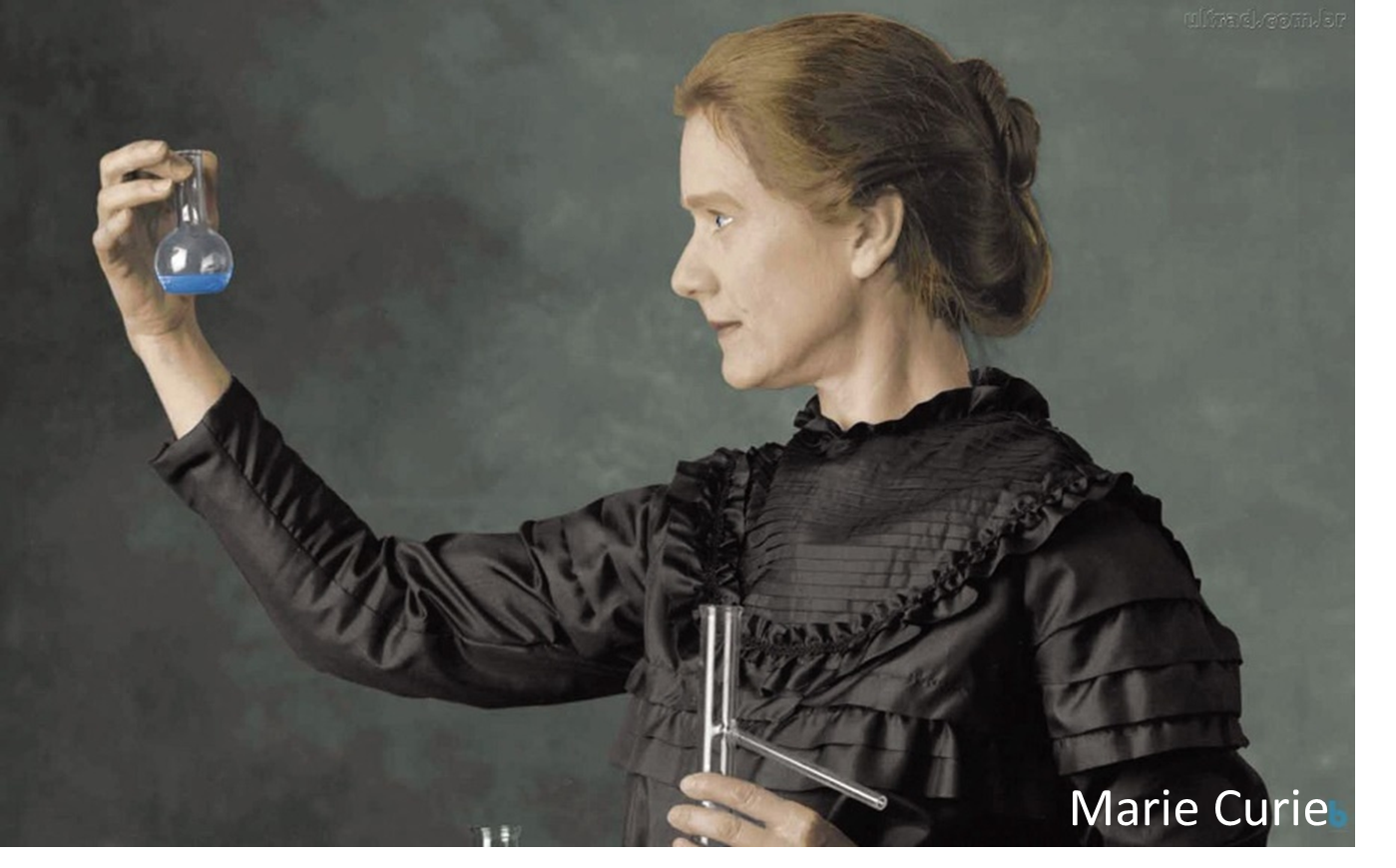 Woman holding a flask with a blue liquid, labeled Marie Curie.