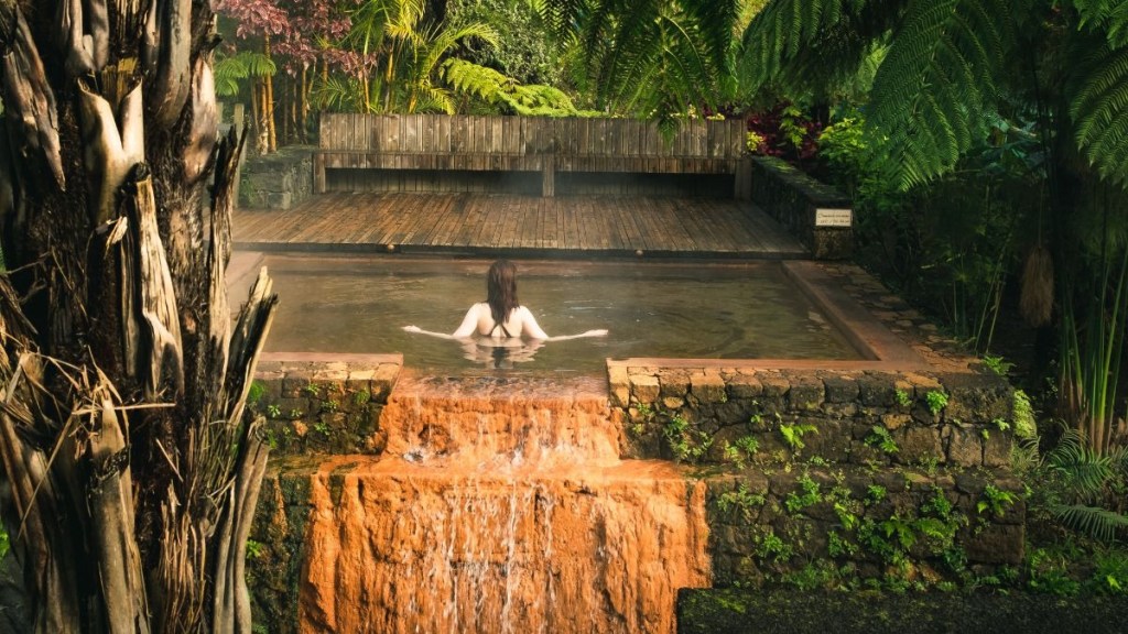Person in a natural pool with waterfall surrounded by lush greenery.
