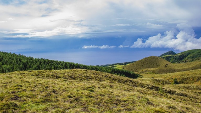 Rolling green hills under a cloudy blue sky with distant ocean view.