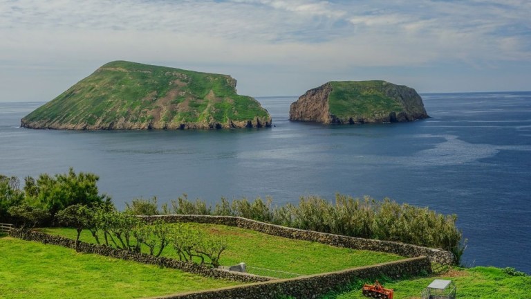 Two grassy islands in blue sea with a green field in the foreground.