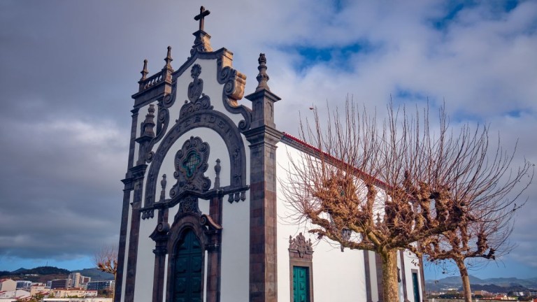 Baroque-style church with bare trees and cloudy sky.