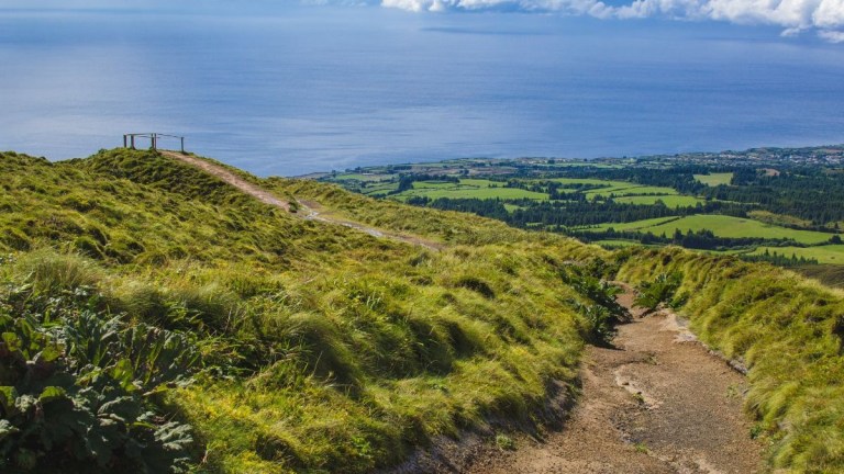 Pathway through green hills leading to a coastal view under a cloudy sky.