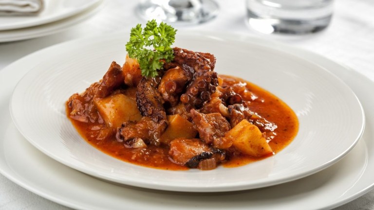 Plate of stew with meat, potatoes, garnish and sauce.