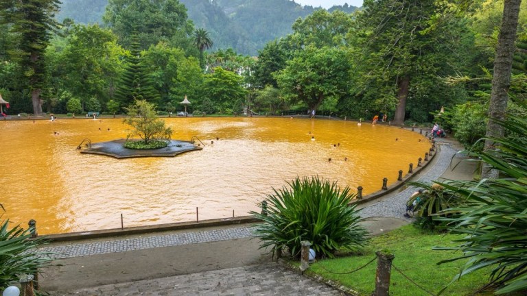 Yellow-orange natural pool surrounded by lush greenery and trees, people swimming inside.