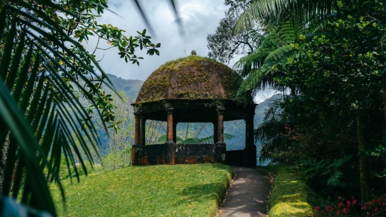 Moss-covered gazebo on a grassy hill surrounded by lush greenery.