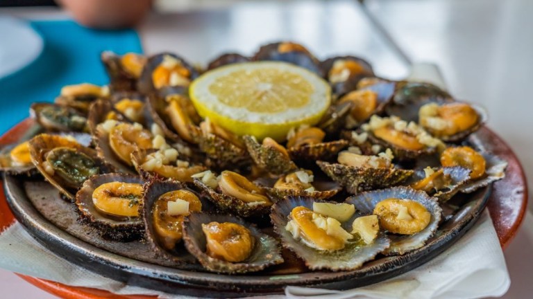Plate of grilled clams with lemon slice and garlic on top.