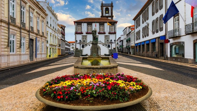 Scenic view of a square with a fountain, colorful flowers, and historic buildings in the background.