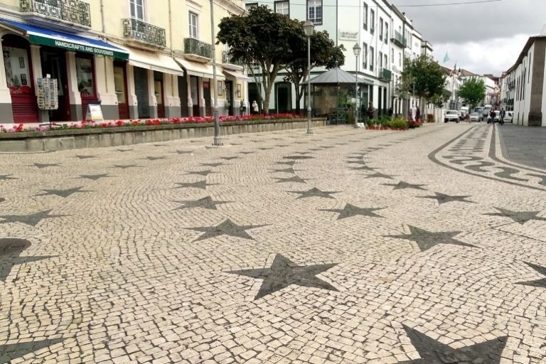 Cobbled street with star patterns, lined with shops and trees.
