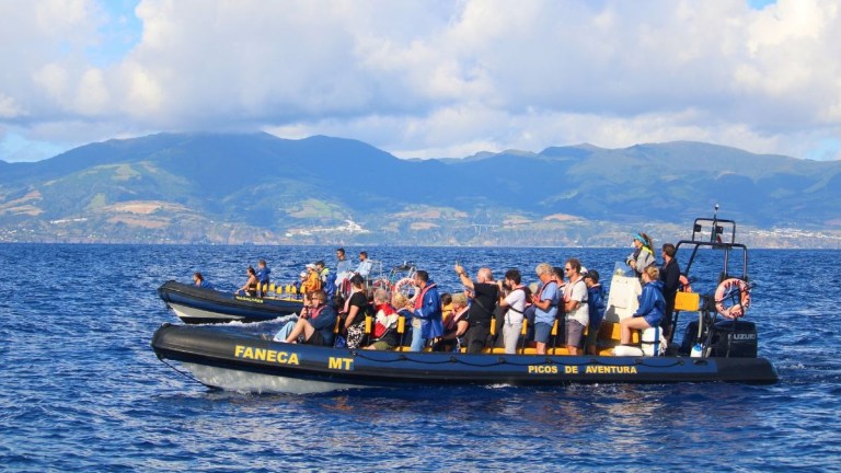 Two boats with tourists on a lake, mountains in the background under a cloudy sky.