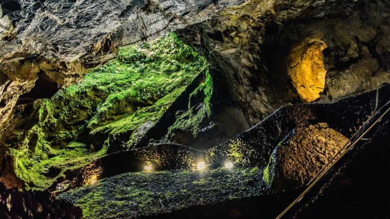 Staircase winding through a brightly lit, green-mossy cave.