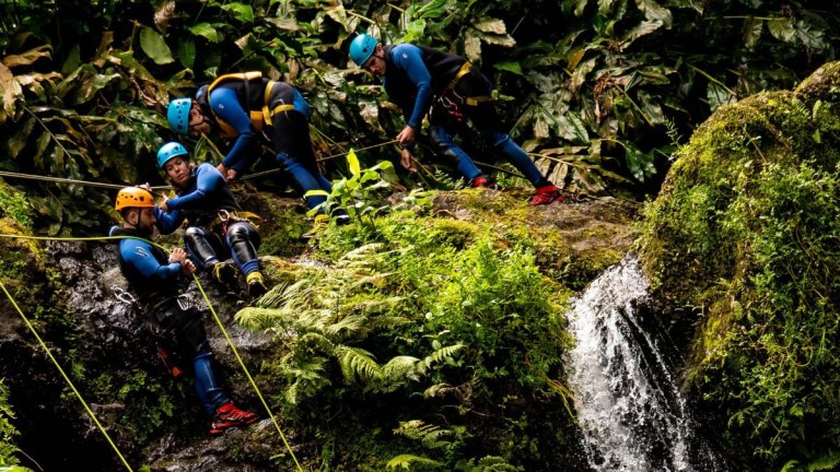 Group of people canyoning near a waterfall in lush green forest.